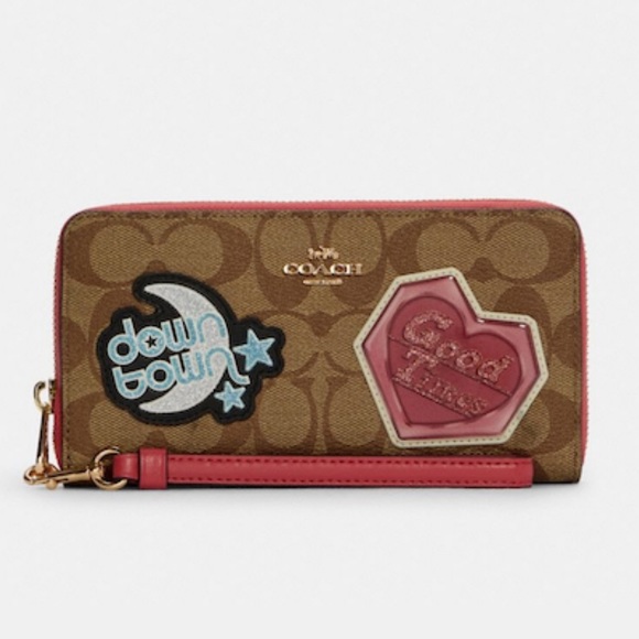 Coach Long Zip Around Wallet In Signature Canvas With Disco Patches - Picture 1 of 9